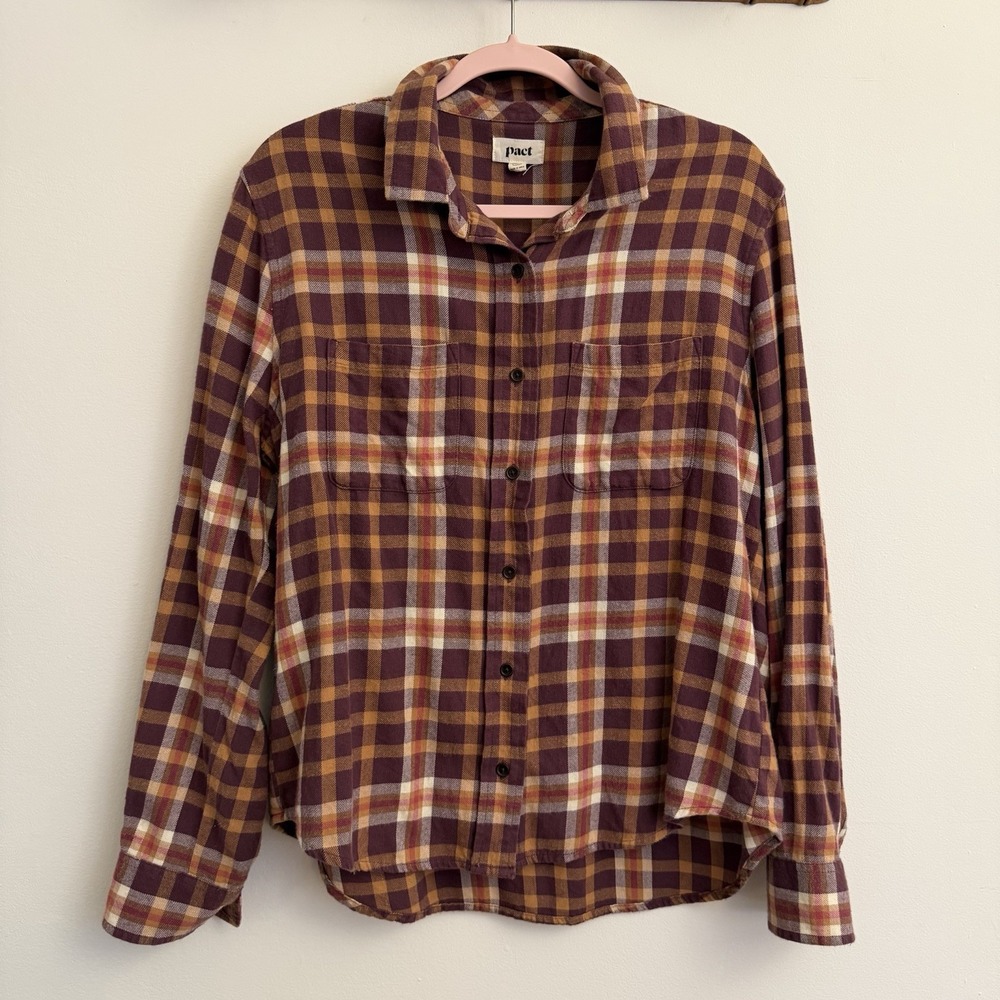 Pact Women's Fireside Flannel Button Up Shirt Large Pomegranate Plaid Top